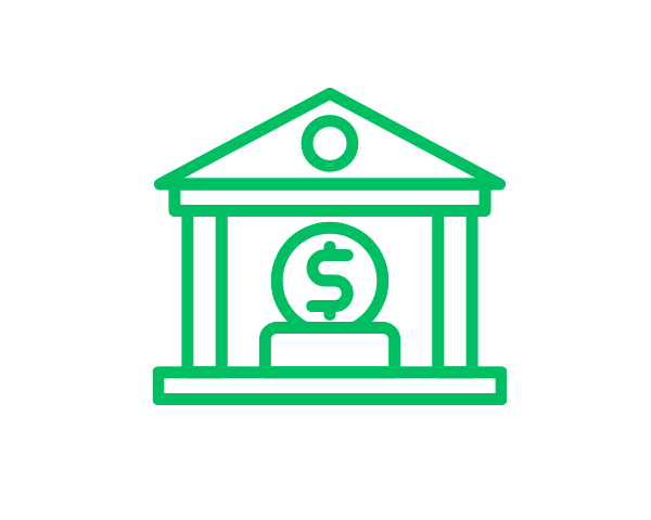 強力な資金基盤と大型案件への対応力を象徴する、ドル記号が描かれた銀行ビル風のアイコン