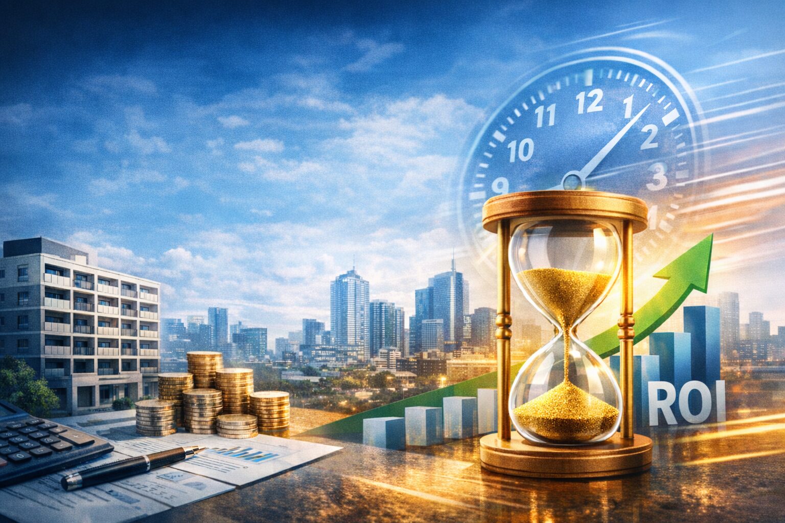 不動産仕入れにおける資金回転率とROIを時間軸で示したイメージ