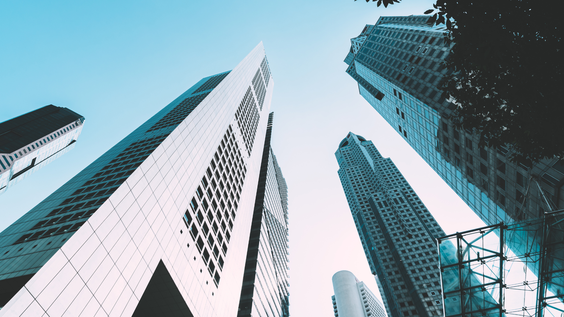 都会の青空にそびえ立つ近代的な高層ビル群を見上げた景観写真