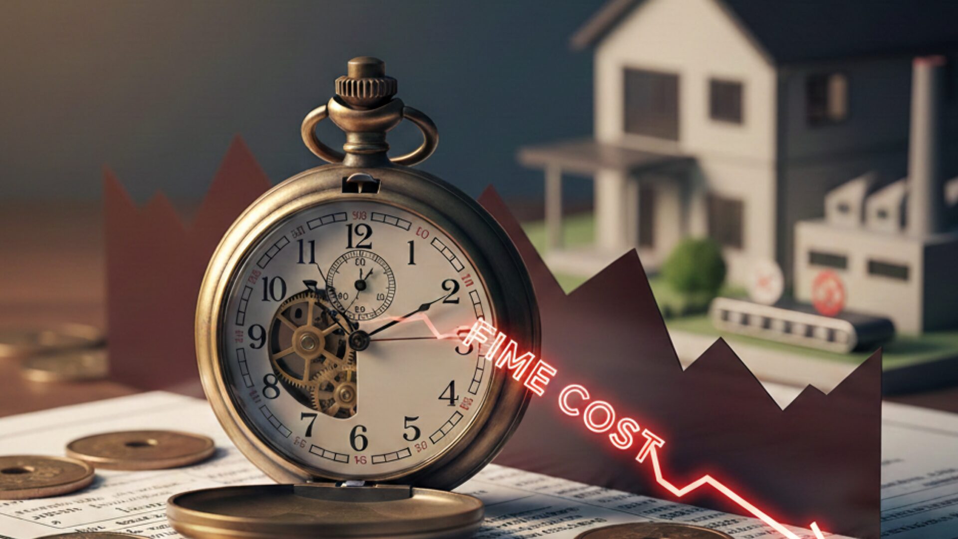 不動産買取再販の資金繰りイメージ。懐中時計、下落するグラフ、住宅模型を並べ、決済遅延による時間コストと収益悪化を表現した画像