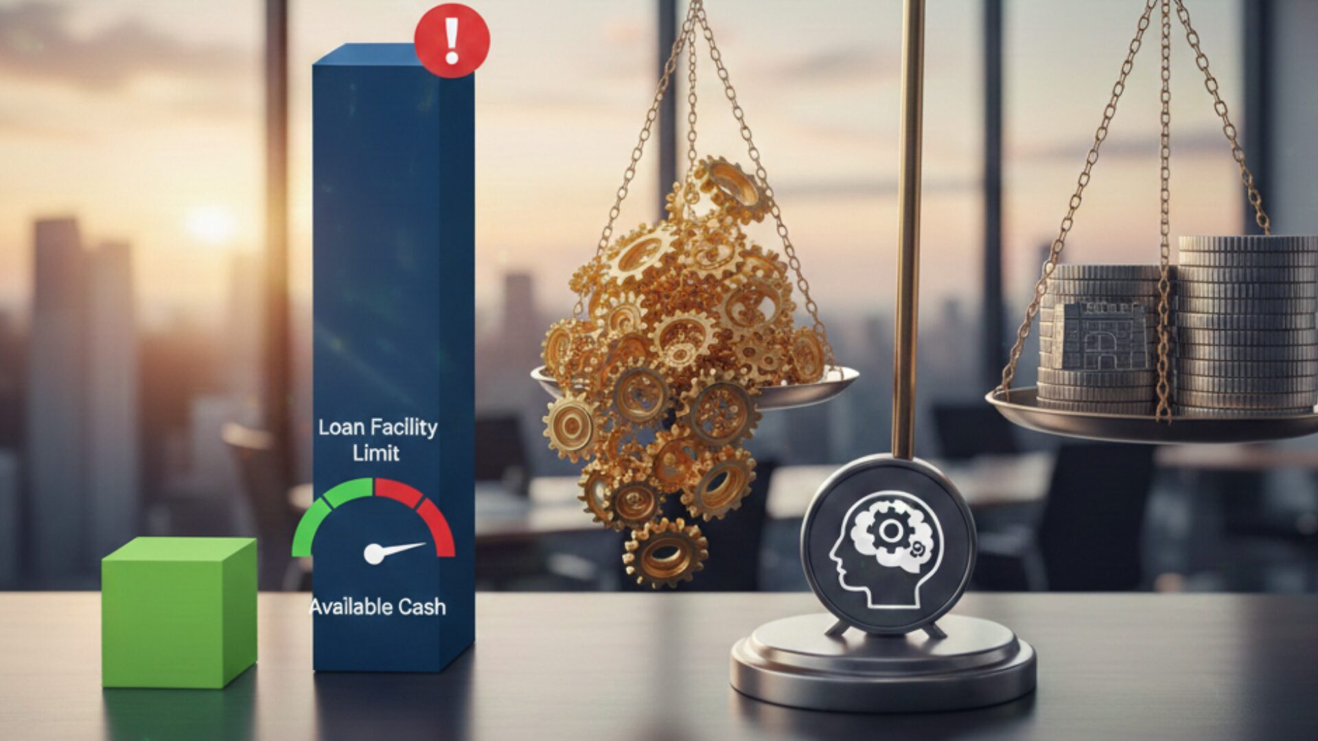 オフィスデスクに置かれた、事業リスクと現金資産のバランスを表現する天秤と財務指標の3Dグラフィック