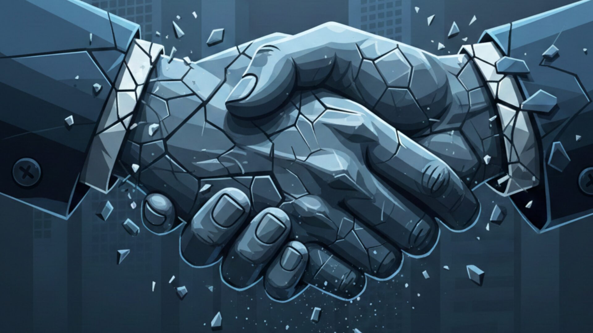 「信頼の崩壊」を象徴する、ひび割れて砕け散るクリスタル製の握手のイラスト。背景にはオフィスビルのシルエットが薄く描かれ、ダークブルーとグレーを基調とした現代的でミニマルなビジネススタイル