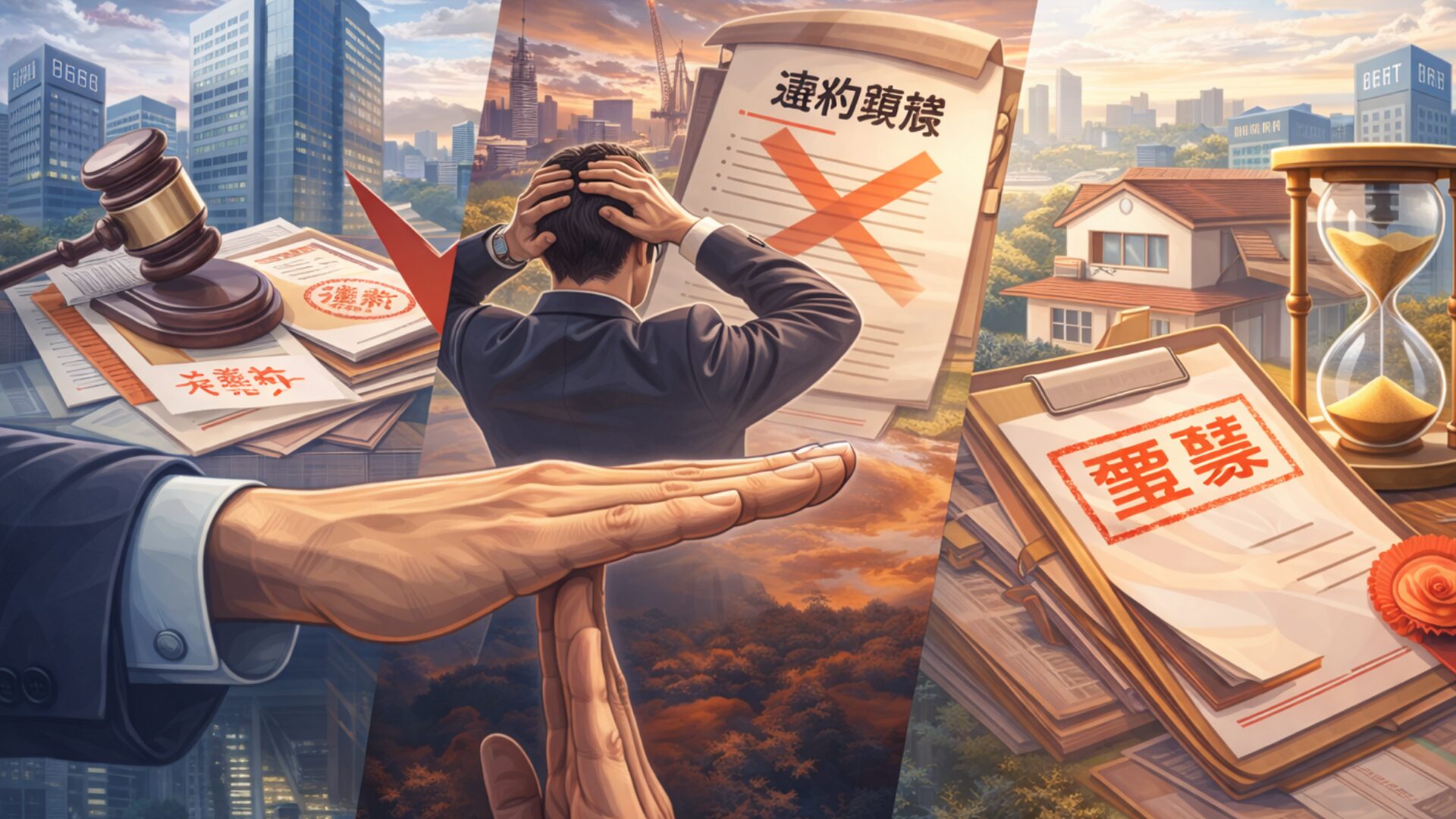 不動産売買における決済トラブルと時間的リスクを表すイメージ。