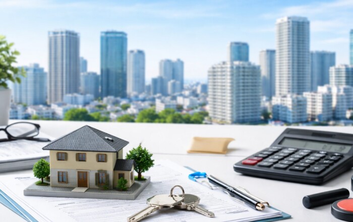 不動産取引における決済日と引渡しをイメージした書類・鍵・住宅模型の静物写真