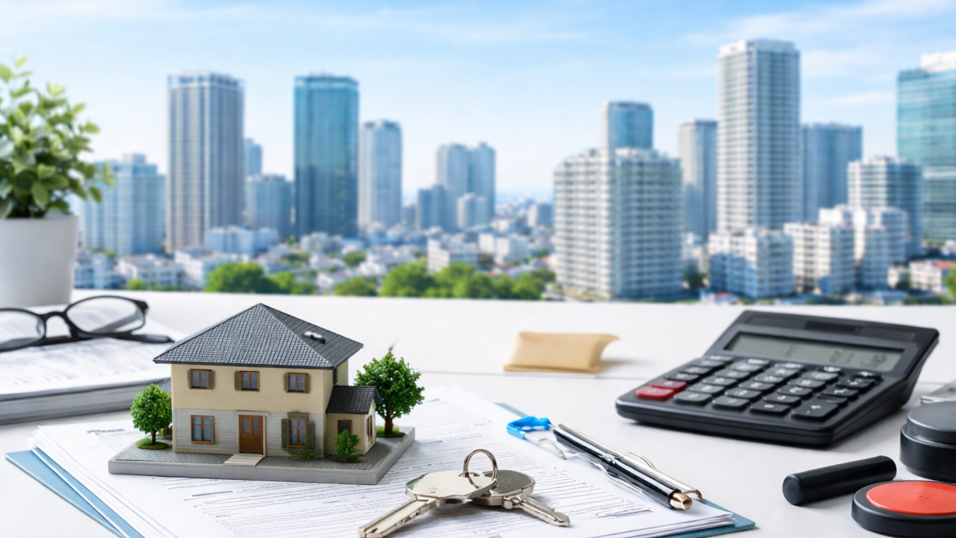 不動産取引における決済日と引渡しをイメージした書類・鍵・住宅模型の静物写真