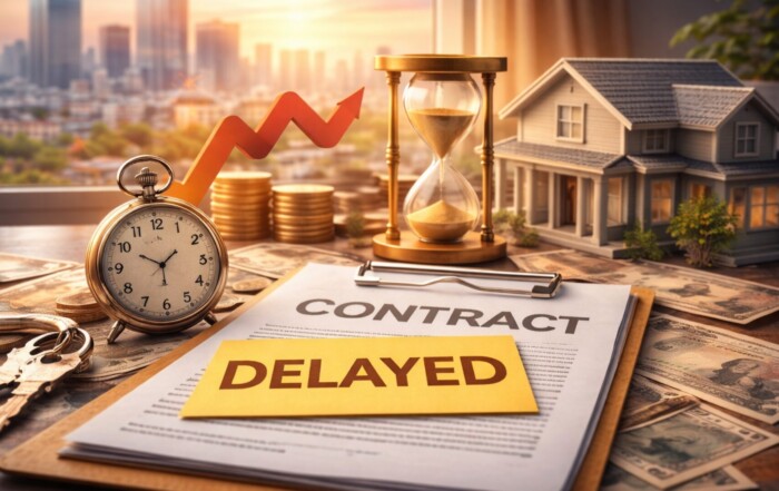 不動産売買の決済延期をイメージした契約書と時計、砂時計、住宅模型の写真