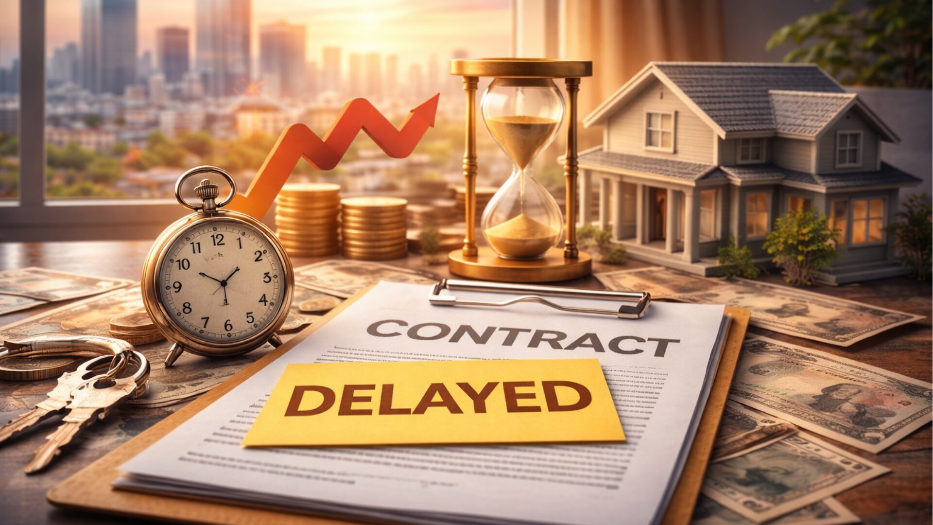 不動産売買の決済延期をイメージした契約書と時計、砂時計、住宅模型の写真