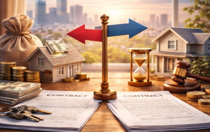 不動産売買契約の解除をイメージした分岐する矢印と住宅模型、契約書、金銭、砂時計の写真