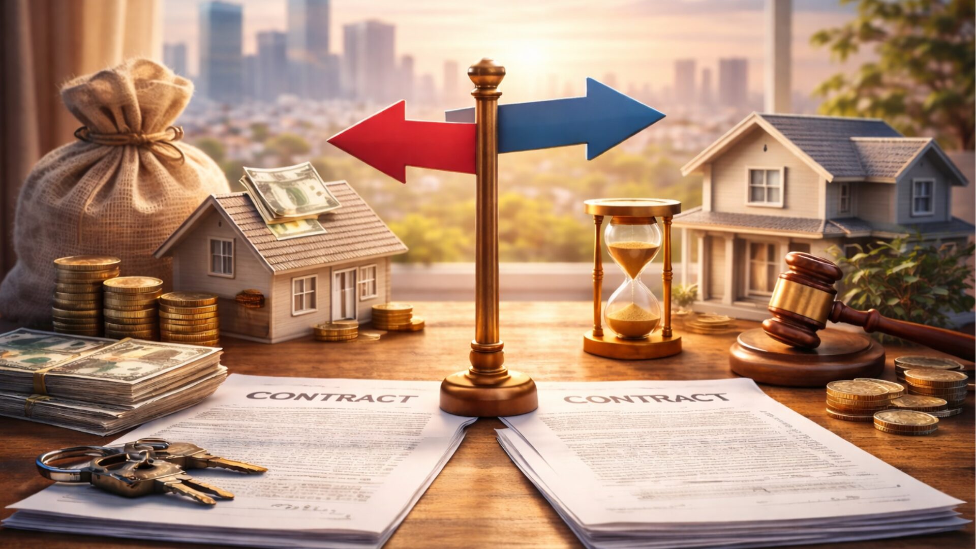 不動産売買契約の解除をイメージした分岐する矢印と住宅模型、契約書、金銭、砂時計の写真