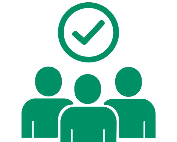 融資審査なしでスピーディーに取得可否を判断する「査定・事業決定」を象徴するチームとチェックマークのアイコン