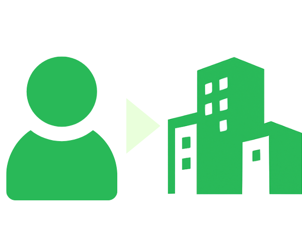 物件情報や条件を提示し、即時検討へと進む「案件持込」を象徴する人とビルのアイコン