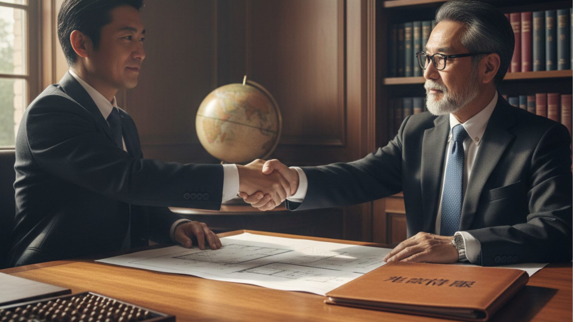 落ち着いた書斎で税理士と信頼深く握手するシーン